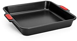 Woll Bakeware - Molde cuadrado de 28 x 28 cm, con asas de silicona resistentes al calor hasta 230 °C, sin PFAS, doble capa antiadherente, acero aluminizado, color negro