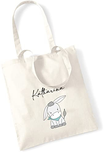 minimutz Jutebeutel bedruckt mit Esel und Name | Stofftasche aus Baumwolle für Jungen und Mädchen | Kinderbeutel Tragetasche für Kita-Beutel Kindergarten Wechselwäsche (natur)