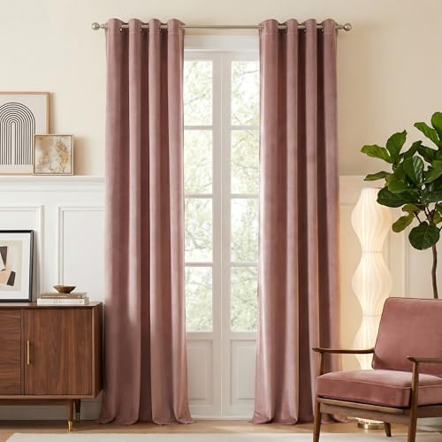 NICETOWN Dusty Pink Velvet Curtains 84 inches, Media Movie Theater Room Decor, Sound Reducing Heavy Matt Grommet Top Solid Room Darkening Drapes for Bedroom (Set of 2)
