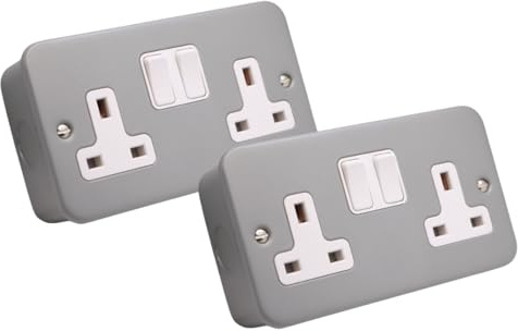 SHPELEC® 13A Premium Switched Metal Clad Double Sockets 2 Gang BS Standard - Available in 1, 2, 3, 4 and 5 Pack Variations (2)