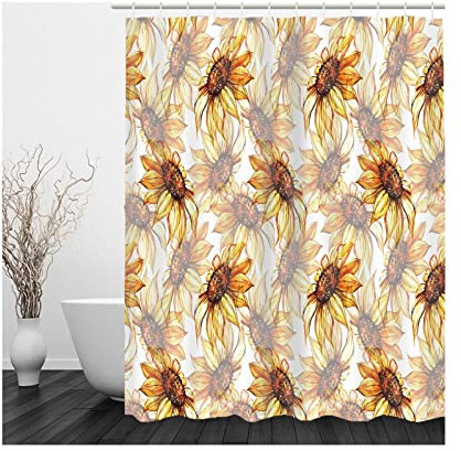 Whoiy Duschvorhang Blumenmuster, Duschvorhang Waschbar mit Gewicht 165X200cm Polyester Shower Curtains Sonnenblume Gelb Grau Wasserdicht