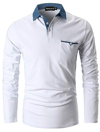 KUNJLELP Poloshirt Herren Langarm, T Shirts Männer, Hemd Herren Denim-Splice T-Shirt Golf Polo Shirt,Weiß,L