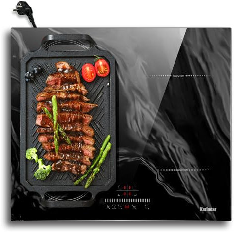 Karinear Piano Cottura Induzione 4 Fuochi, 60cm Piastra Induzione Elettrico 3500W ad Flex Zone, Piani Cottura con 9 Power Comandi di Toccare, Blocco di Sicurezza per Bambini, Timer Lock, Marmo Nero