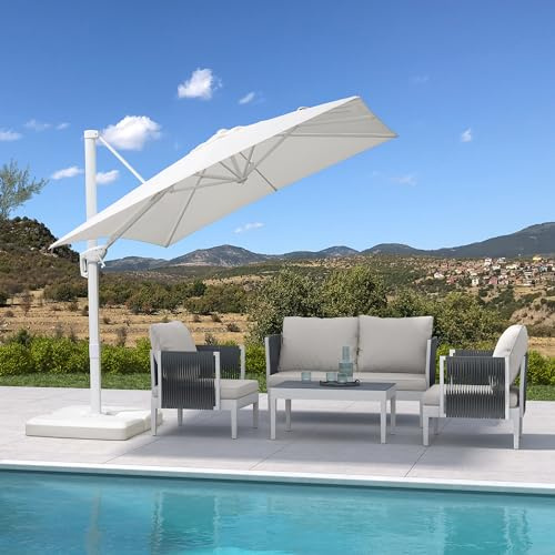 PURPLE LEAF Sonnenschirm 250 × 250 cm Weißer Alurahmen 360° Drehbar, Weiß | 360° Rundumschatten, 5-Fach Verstellbar, Alu-Handgriff, UV50+ Polyester, Sonnenschirm Rostfreier Alurahmen, Leichte Bedienung
