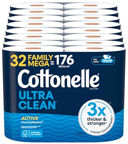 Cottonelle Ultra Clean Toilet Paper with Active CleaningRipples Texture, 32 Family Mega Rolls (32 Family Mega Rolls = 176 Regular Rolls) (8 Packs of 4), 353 Sheets Per Roll, Packaging May Vary