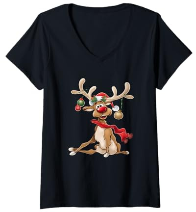 Damen Weihnachten T-Shirt Damen Geschenke für Ihn Lustiges Rentier T-Shirt mit V-Ausschnitt