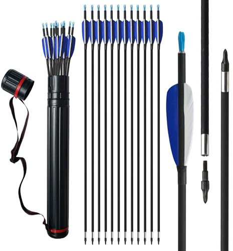surwolf 31 Bogenschießen Carbonpfeile ID 5,2mm Jagdpfeile 700 Spine Zielpfeile für Compound und Recurvebogen 12 St (Carbonpfeile+köcher)
