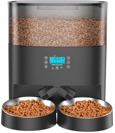 HoneyGuaridan 6L Automatic Cat Feeder for 2 Cats & Dogs, Auto Cat Dry Food Dispenser with Desiccant Box, Timer Feeder Portion Control 1-6 Meals per Day, Dual Power Supply, Voice Recorder