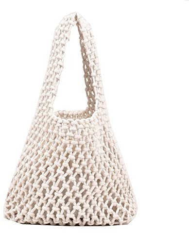 Lovehomily Damen-Handtasche aus geflochtenem Baumwollleinen, gewebte Korbtasche, Netz-Einkaufstasche (weiß)