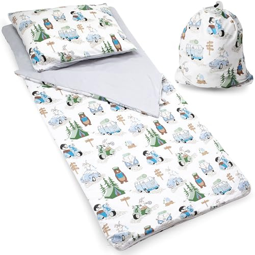 PinkZebra sacco a pelo 140 x 75 cm + federa 60 x 40 cm per bambine e bambini, sacco a pelo per bambini con federa, sacco a pelo in cotone a doppia zip con garage e borsa, Oeko-Tex, Campeggio