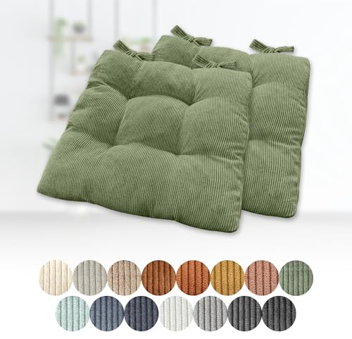 Lsjoaw 2er Set Sitzkissen 30x30x6cm Polster Auflage Gemütliche Stuhlkissen mit Bindebänder Sitzpolster Stuhlauflage Sitzpolster für Gartenstuhl Küche oder Esszimmer Quadrat Cordstoff GrüN