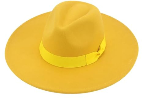 FULUJIDI Fedora Trilby Filzhut Hut Damen Hüte Breite Krempe Flach Band Band Beige Damen Kleid Formal Hut 56-58Cm Gelb