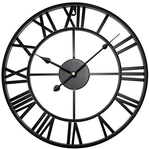 FB FunkyBuys Large Vintage Metal Wall Clock with Roman Numerals, Silent Non-Ticking Skeleton Battery Operated Clock for Living Room, Dining Room, Kitchen and Outdoor (Black, 47 CM (19))
