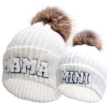 SoulQool 2 x Eltern-Kind-Mütze, Mama und Mini-Familie, passende Mütze, Damen, Strickmütze, Winter, warme Skimütze mit Bommel, weiß, Einheitsgröße-L