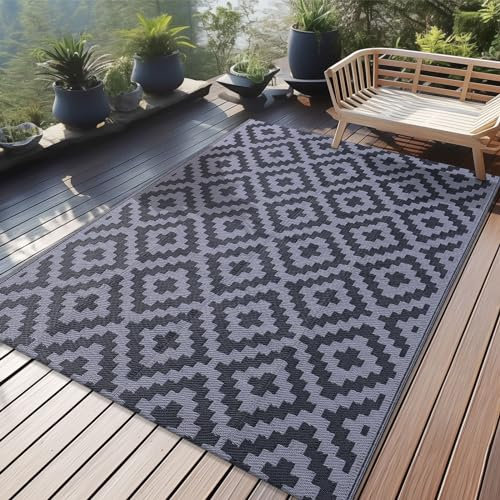 Homaxy Waterproof Outdoor Rug, Anti-slip Reversible Plastic Straw Garden Rugs, Easy Cleaning Carpet Patio Area Rugs for Camping, Deck, Beach, Picnic, Backyard (120 x 180 cm, Black & Grey)