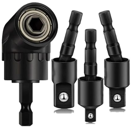 4-in-1 Impact Drill Bit Extension Set with a 105° angle screwdriver bit, right angle drill adaptor, and 360° rotatable socket adapters for 1/4, 3/8, and 1/2 sizes
