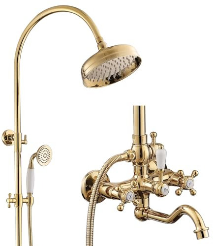 RONMX Duschsystem, BSS0354 Modern Duschset mit Keramikgriff, 8in/200mm Edelstahl Duschkopf, Regendusche mit Armatur, 180° Drehbar Badewannenarmatur, 59A Kupfer, Höhenverstellbar