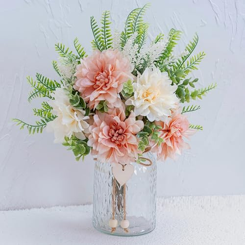 Yorkmills Fake Flowers with Vase,Pink Dahlias,Silk Artificial Flowers in Pot,Faux Flowers in Vase with a Flower Arrangement Holder, Spring Decor Centerpiece Table Decorations
