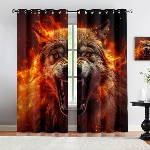 HYGIUID Wild Animal Window Curtains, Black Cool Scary Fire Eye Wolf Head Thermal Drapes Grommet Curtains for Office Conference Room, 31.5 x 72, 2 Panels