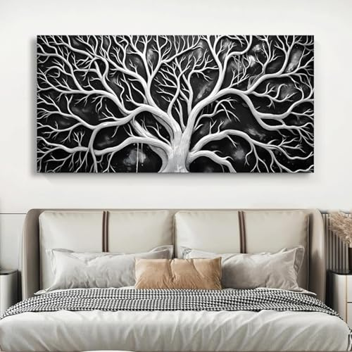 BMGKYAGL Quadro astratto Albero Tela Pittura Arte murale Albero della vita in bianco e nero Poster e stampe per soggiorno Decorazione 90x180cm Senza cornice