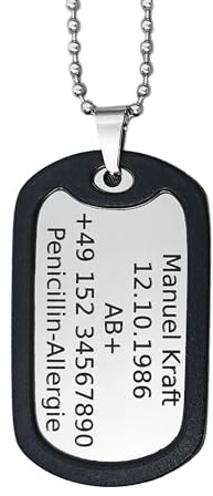 Generisch Dog Tag Personalisiert – Erkennungsmarke Edelstahl – Glanz Kette Mit Namen – Gravur – Personalisierte Kette Herren – Militär Geschenke – 2 Mm Dick – Gravur – Set Mit Clip Und Gummi-Silencer