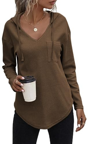 Cuptacc Pullover Damen Hoodie Mit Kordelzug V-Ausschnitt Kapuzenpullover | Kapuzenpullover,V-Ausschnitt,Oberteile,Sweatshirt,Einfarbig,Casual,Sommer,Weich,Komfort,Elegant,Lässige,Luftig,Airy,Fashion