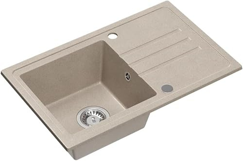 QUADRON Granitspüle Einbeckenspüle | Größe 70 x 44 x 17,5, Farbe: Beige | BEN 111 Einzelbecken Küchenspüle | Granit Spülbecken | mit manuellem Siphon und Abtropffläche