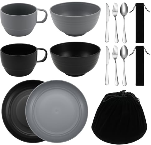 Povxlum Camping Utensils Set, Portable Travel Silverware Set with Reusable Light Weight Mug, Bowls and Plate, Stainless Steel Cutlery Set, Camping Mess Kit for 2 Person