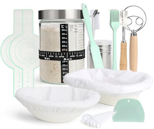 Kolohoso Brödsäkra Korgar Set för Surdeg Startset, 13 delar Brödbakningstillbehör, Jäskorg, Surdegsstartkit, Rund Jäsningskorg 24 cm, 23 cm Oval, Surdegsstartburk för Professionella Och Hemliga Bagare