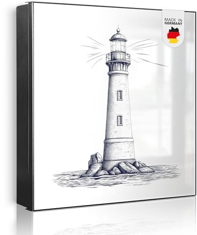 banjado Großer Schlüsselkasten Metall - Schlüsselbox 30x30cm beschreibbarer mit 32 Haken - Schlüsselkasten modern für Schlüsselaufbewahrung - Korpus Schwarz Scharnier Rechts - Motiv Leuchtturm-Skizze