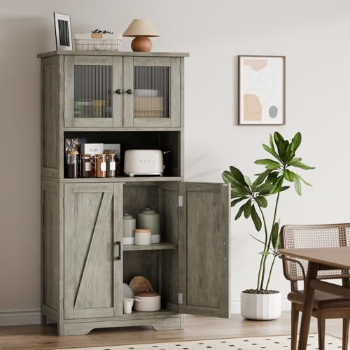Garvee Badschrank Mit 4 Türen Und Offene Ablagefächer, Badezimmerschrank Mit Verstellbaren Regalen, Badkommode Aufbewahrungsschrank Für Badezimmer, Küche, Wohnzimmer Verstellbare Trennwände (Grau