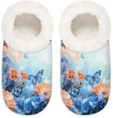 Mexpekil Pantoufles antidérapantes bleues hortensias orange marguerite papillon pour femme, Papillon marguerite orange hortensias bleus, Large