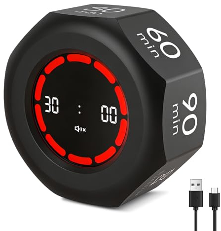 GOMETY Cube Visual Timer, Temporizador Pomodoro Temporizador de Rotación, 1/3/5/15/30/60/90 Minutos y Cuenta Regresiva, Modo Silencioso y Modo Tono, Pomodoro Temporizador Recargable para Cocina