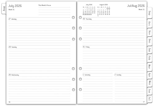 2026 2027 veckoplanerare inlägg A5 6 hål, 1 vecka 2 sidor med månadsregister, anteckningar, kontakt, aug. 2026–jul. 2027, 100GSM kalenderinlägg, kalender 2026/27 organisatör planerare, 153 x 21 mm