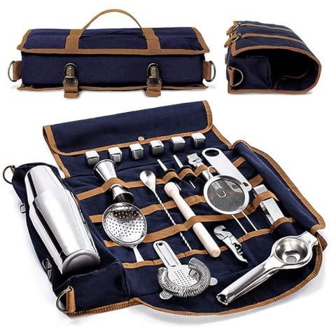 Bibykivn Sac de Bartender de Voyage sans Accessoires, Sac Bar Portable en Toile Cirée avec Bandoulière pour Barmans, Soirées, Événements et Camping (Bleu)