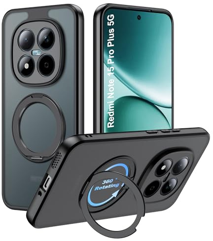zZjoOoj 360° vridbart skyddsfodral för Xiaomi Redmi Note 15 Pro Plus 5G [stabil CD-ringhållare ] genomskinlig matt baksida stötsäkert mobiltelefonfodral, stötsäker, reptålig (svart)