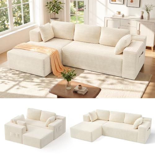 Xbro 3-Sitzer-Sofa in L-Form aus Cordsamt, modernes Sofa für Wohnzimmer mit Kissen und Seitentaschen, Schaumstoff 30D mit hoher Dichte, 250 x 160 x 62 cm, Beige