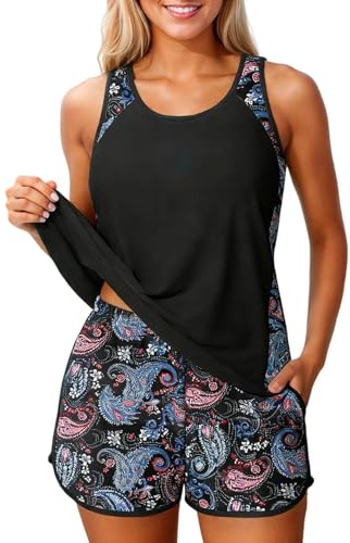 Maillot de Bain Transbronzant Haut Tankini Femme Maillots de Bain Tankini pour Femmes, Maillots Deux pièces, débardeur à Motif avec Shorty, Short Femme Long Tanga