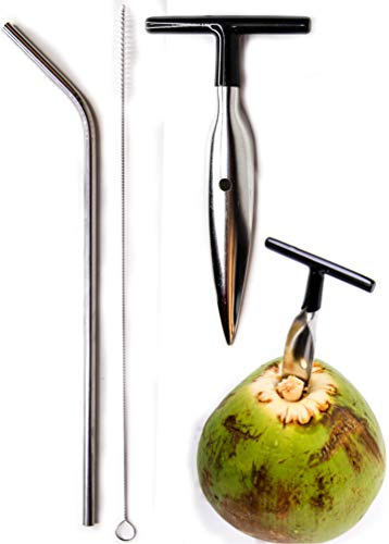 Ken's CocoMon Ken's CocoMon Coconut Opener Tool + Stainless Straw for Fresh Green Young Fruit Black Rubber Handle EZ Easy Grip Safe with Stainless Steel Drinking Straws (1 CocoMon + 1 Straw)