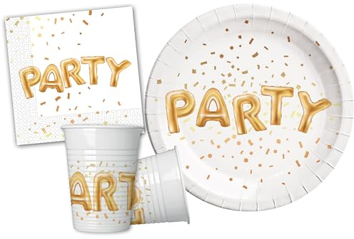 Ciao - Kit Party Tavola Gold Party per 24 persone (88 pezzi: 24 piatti Ø23cm, 24 bicchieri 200ml, 40 tovaglioli 33x33cm)