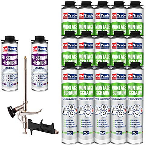 KM Trade Bauschaum-Set - Inkl. 15x 1K Montageschaum (je 750 ml), 1x Schaum-Pistole & 2x PU-Schaum-Reiniger (500 ml)