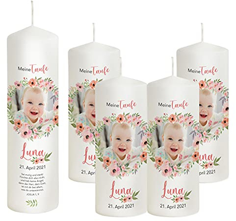 Liamoria® Taufkerze mit Foto für Mädchen im Kranz 25 cm Modell Luna - Personalisierte Fotokerze zur Taufe (mit 4 Patenkerzen)