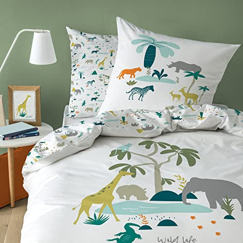 Safari barnsängkläder bäver · Afrika tur för flickor och pojkar · zoo-djur & djungeläventyr · vändmotiv · 100 % bomull · örngott 80 x 80 + påslakan 135 x 200 cm