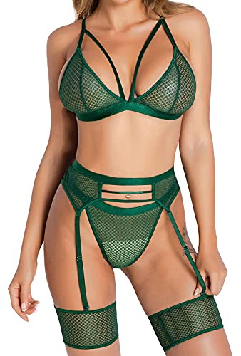 JFAN Damunderkläder set babydoll mini spets underkläder klänning bh set nattlinne, grön, M