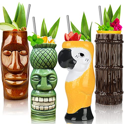 Tiki-Gläserbecher für Cocktails, große Tiki-Tasse, 4er-Set aus Keramik, tropische Tassen, hawaiianische Tiki-Party, kreatives Cocktailglas, Getränke, Bar, Trinkgeschirr, Premium, tropisch, exotisch