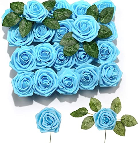 PIQIUQIU 25 Rosas Artificiales de Espuma, Rosas Artificiales, Rosas de Espuma para Manualidades, Bodas, Ramos de Novia, decoración del hogar (Cielo Azul)
