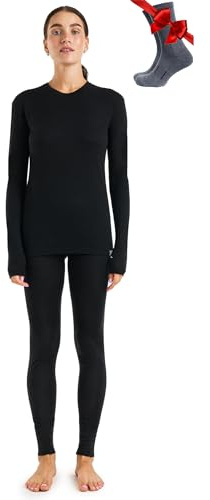 Merino.tech Merino-ull baslager kvinnor set – tungvikt, lite, medelvikt merinoull termiska underkläder för kvinnor, topp, botten, 165 Svart, XXL
