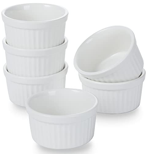 3.5 oz Ramekins 6 pcs Porcelain Ramekins Dishes for Souffle,Creme Brulee, Pudding, Custard Cups,Bakeware Bowls Set for Baking,Oven Safe, White 3 inch