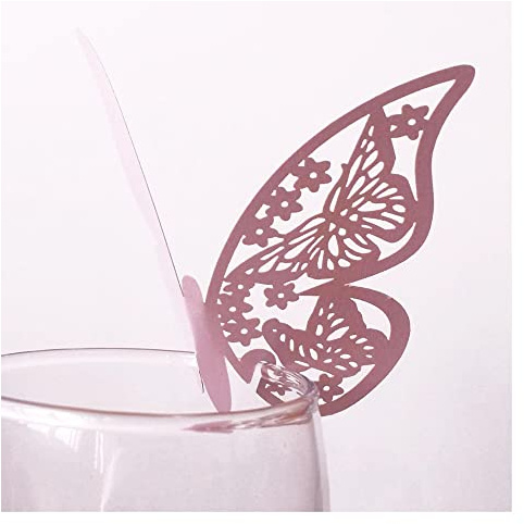 GIVBRO 50PC Farfalla Tavolo segnaposto Bicchiere da vino Carta di nome Bouquet Biglietto di auguri per Matrimonio Compleanno Tazza di Vetro Decorazione Accessori Rosa