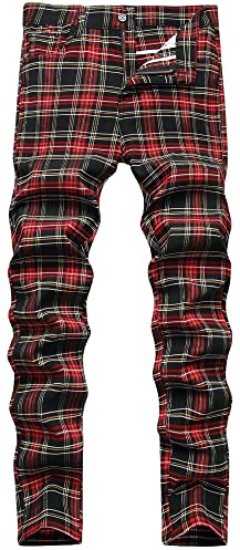 JE&NS Herren-Chinohose, Stretch, schmale Passform, flache Vorderseite, lässig, Skinny, kariert